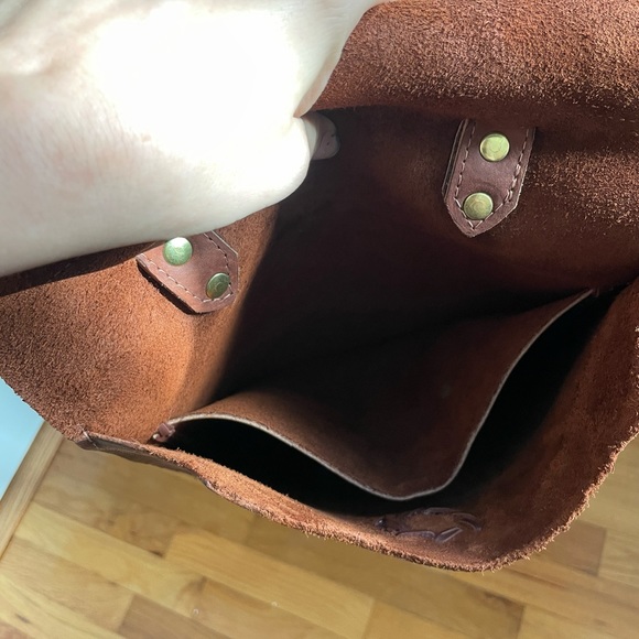 Genuine Leather Brown Crossbody Satchel Bag with Shearling Fur Trim - Picture 9 of 10